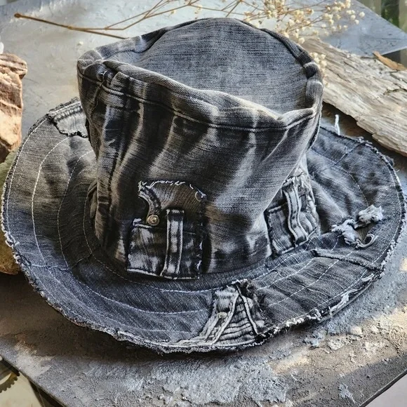 Stovepipe Top Hat Designer Hat Shabby Upcycled Denim Boho Magnolia Style Stovepipe Top Hat Designer Hat Shabby Upcycled Denim Boho  main image 3